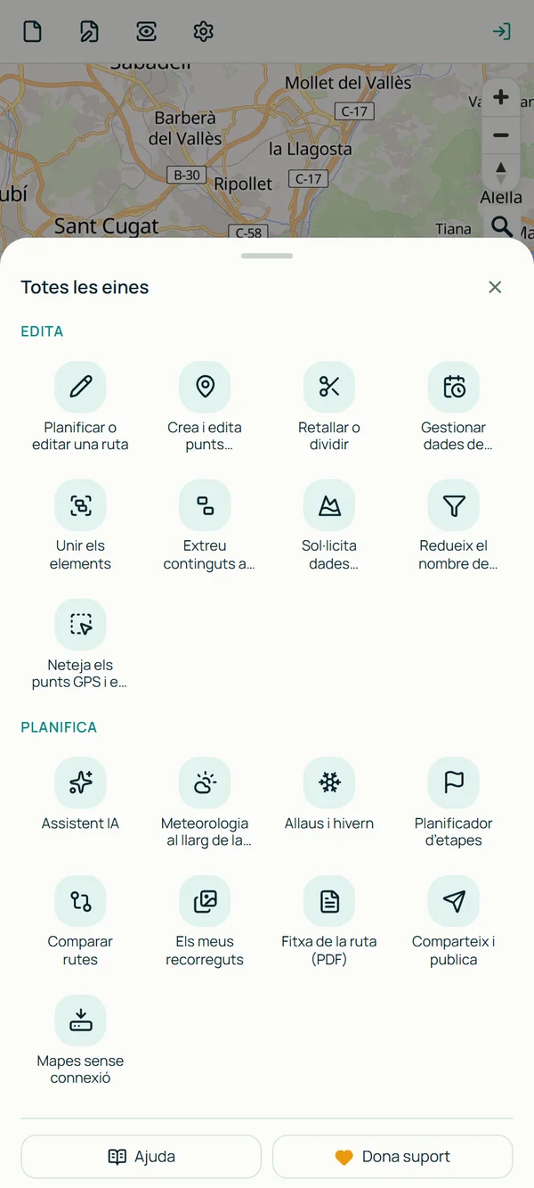 Bottom bar with the main tools and a “More” sheet with all of them
