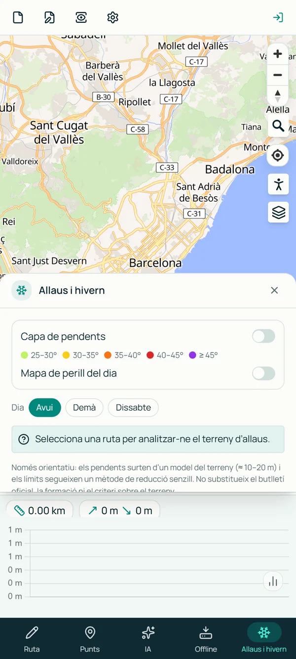 Same tools as the website: AI assistant, weather, avalanches, stages, PDF sheets…